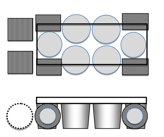 Рисунок 13: Пример схемы ходовой части инновационного АСВП. 1 – конические элементы ГО, 2 – контактные колесные движители, 3 – гребные колеса