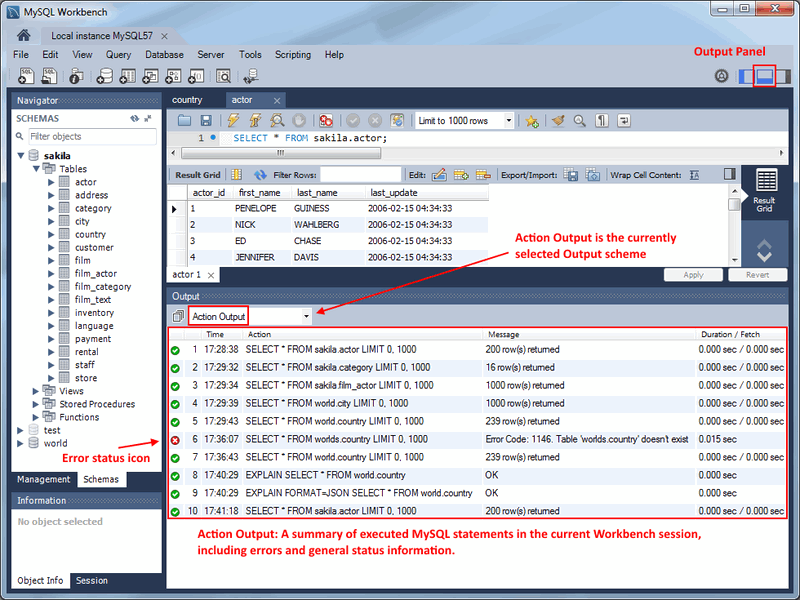 SQL Editor: Output: Action Output