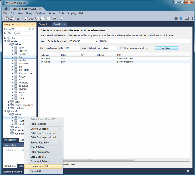 Table Search Example: Multiple Tables and Schemas