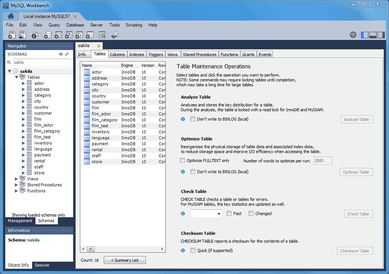 Schema Inspector: Table Maintenance