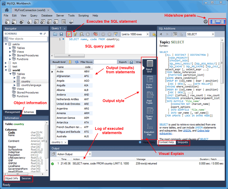 Panel select. MYSQL workbench. Query панель в workbench. Панель инструментов SQL. MYSQL workbench административная панель.