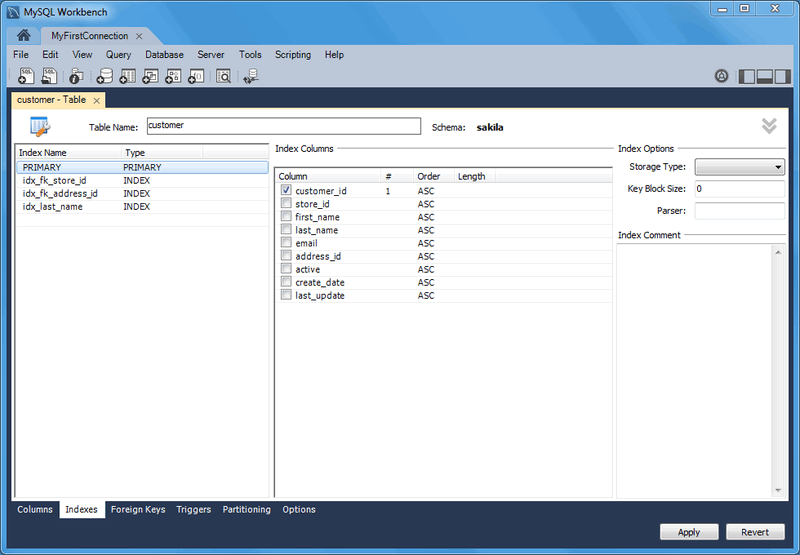 The indexes tab